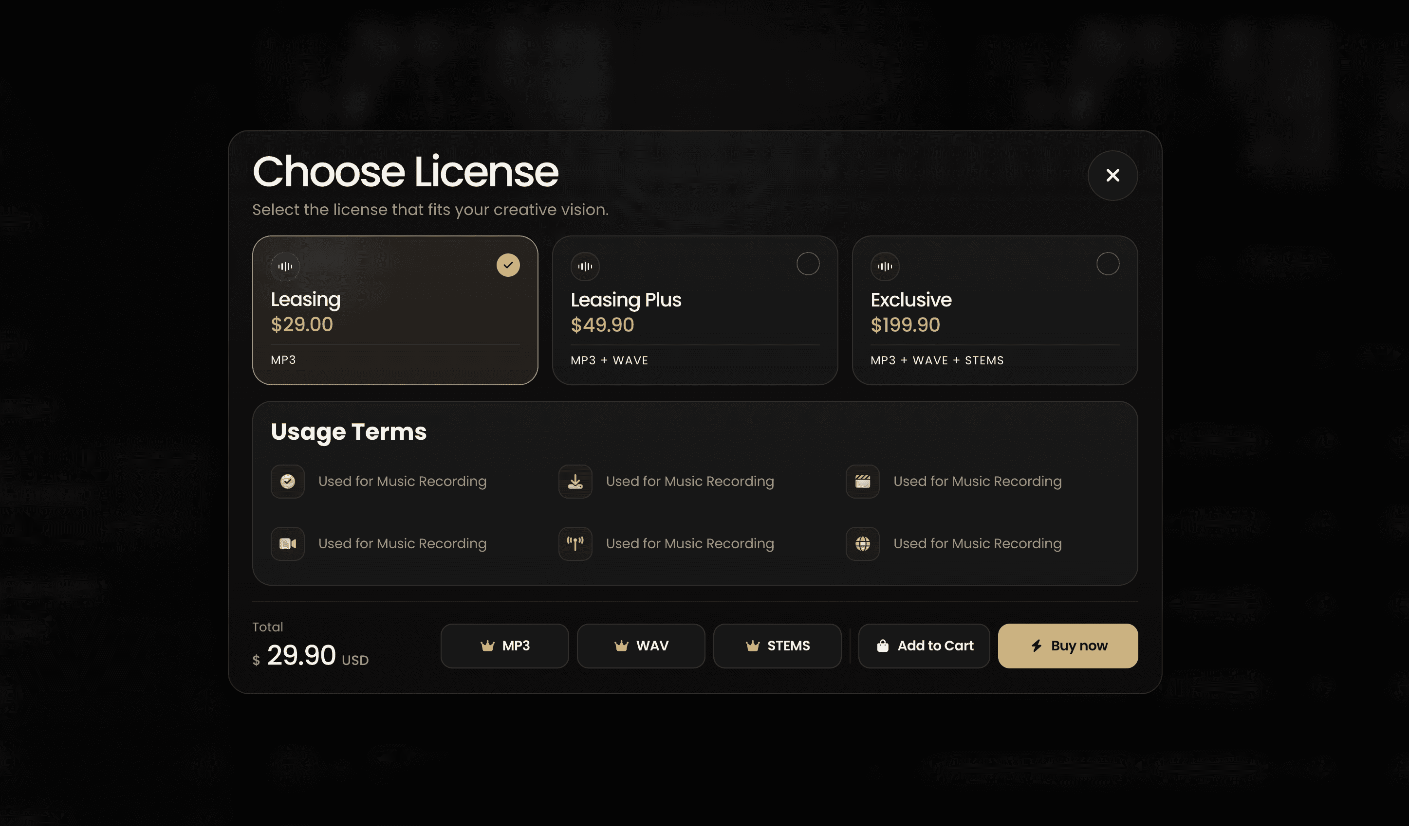 Banaslap choose license modal