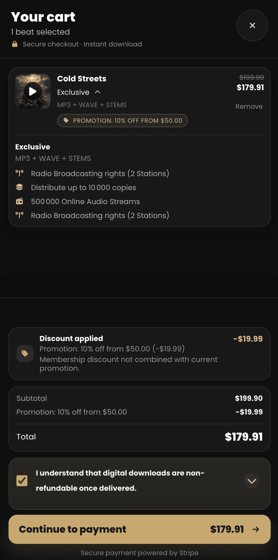 Banaslap Studio cart drawer with selected beats, discount summary and checkout controls