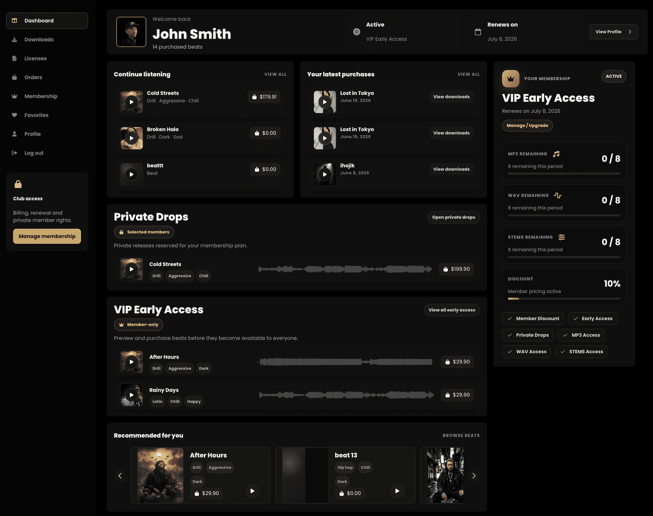 Banaslap Studio membership dashboard with plan status, private drops and VIP early access