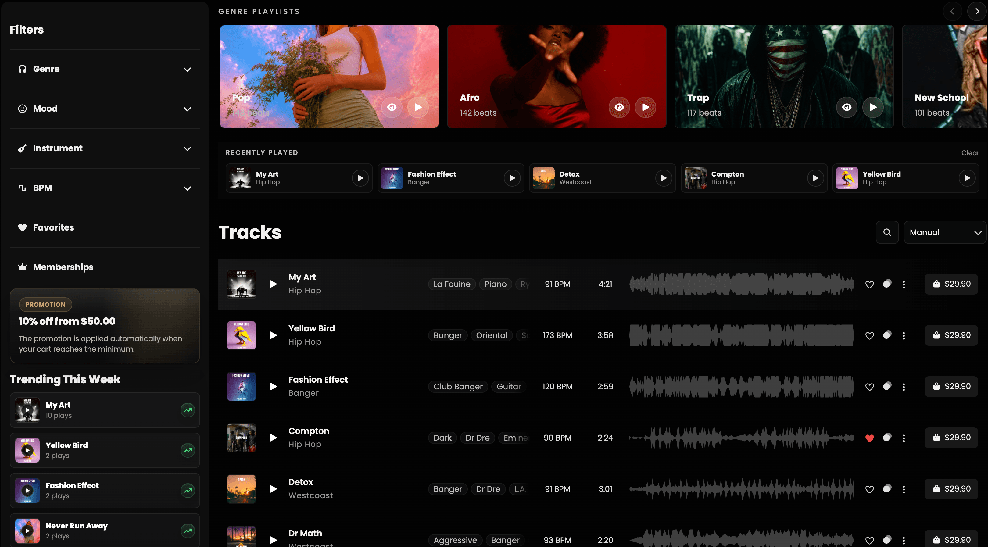 Banaslap storefront with filters, genre playlists, recent tracks, beat rows, waveforms, and pricing